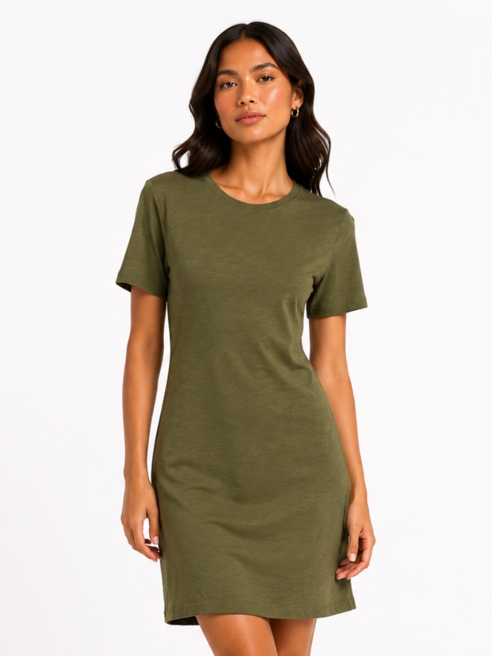 THEORY Minimalist Quiet Luxury Olive Green Crewneck Tee Dress